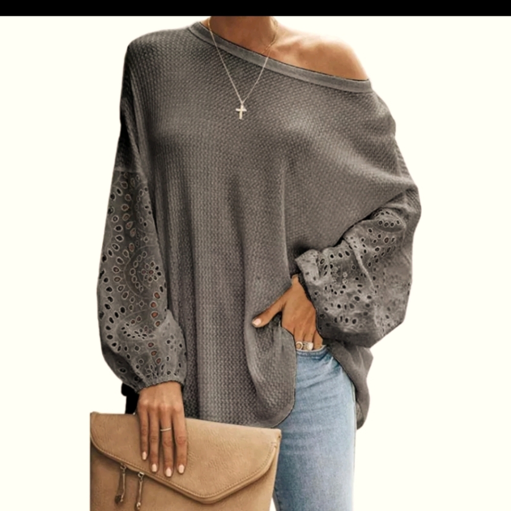 SMALL Left! Women Lace Long Sleeve Thermal Oversize Top tee - Picture 1 of 1